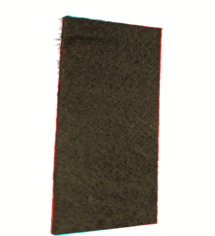 A microCT image of a small parchment sample, rendered for 3D glasses.